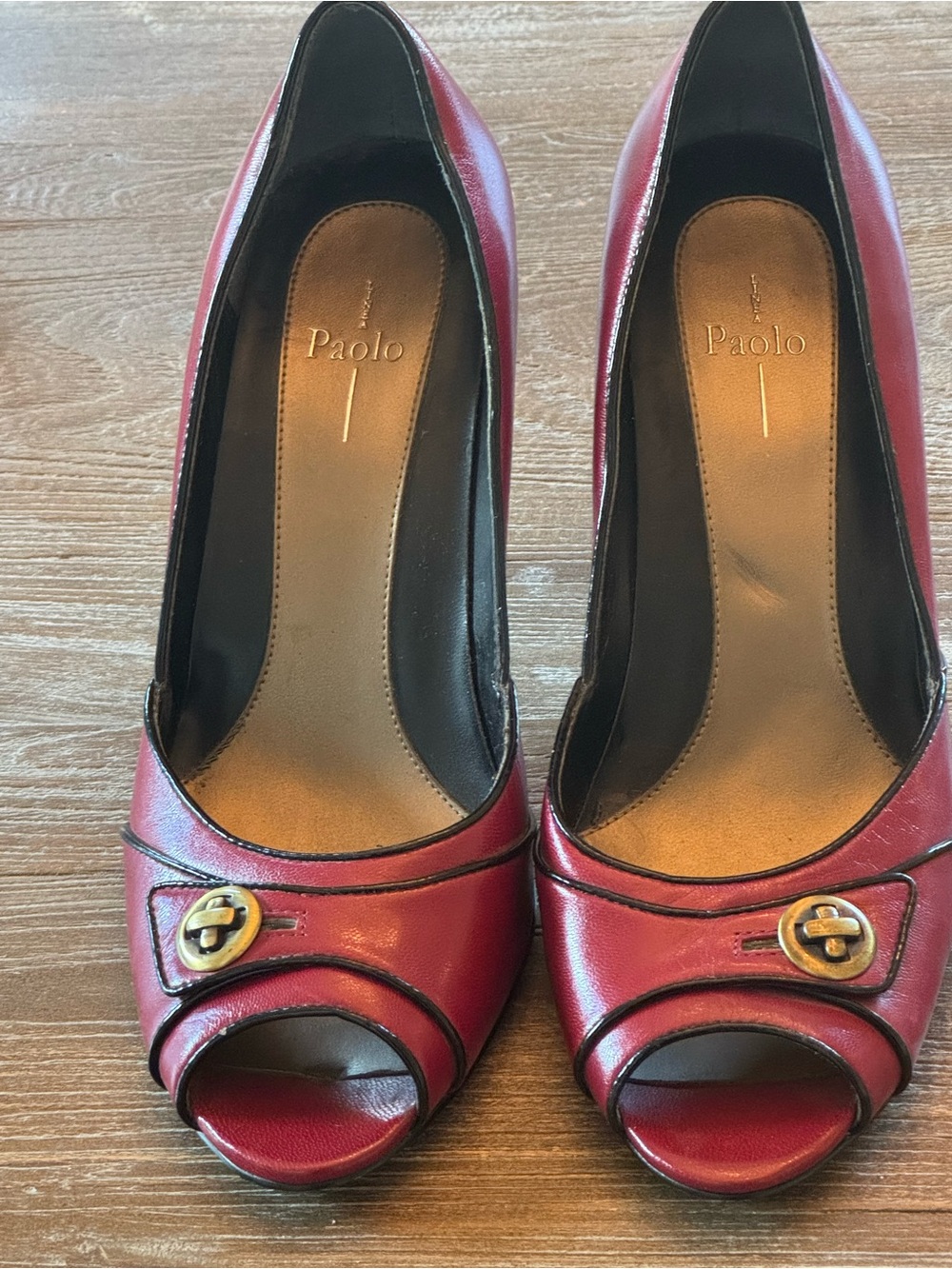 Paolo Red Peep-Toe Heels with Gold Buckle Accent